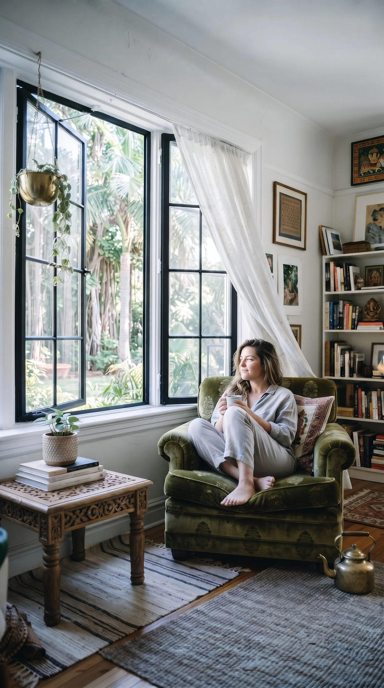 A woman in an armchair with a cup of tea, beside tall open windows onto a garden, in a room lined with books